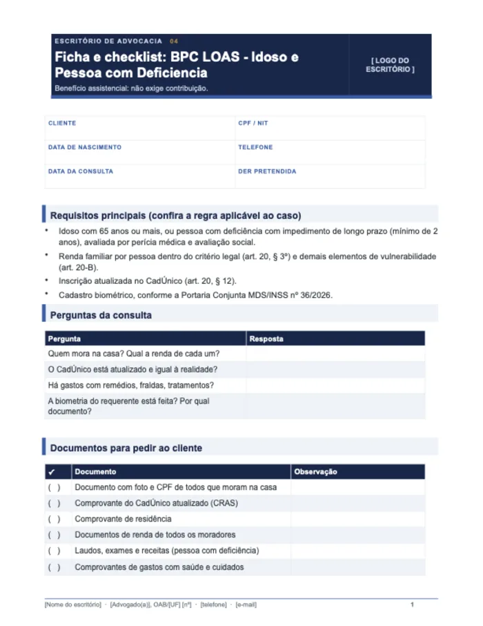 Ficha e checklist BPC/LOAS (Word)